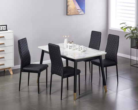 Minimalist PU Leather Sprayed Diamond Grid Pattern Dining Chair, Black, Set of 6