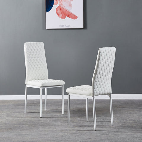 Minimalist PU Leather Sprayed Diamond Grid Pattern Dining Chair, White, Set of 6