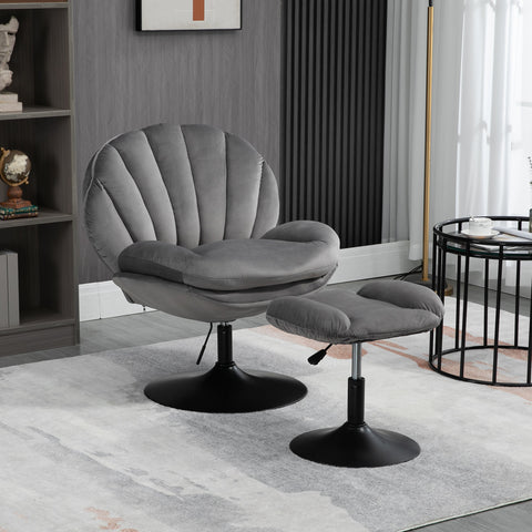 Adjustable Height Shell-Shaped Swivel Leisure Chair with Ottoman, Gray