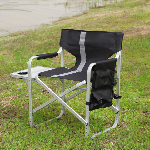 Padded Folding Outdoor Chair with Side Table and Storage Pockets, Black & Grey