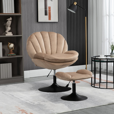 Adjustable Height Shell-Shaped Swivel Leisure Chair with Ottoman, Khaki