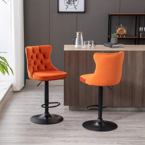 Swivel Velvet Barstools Adjustable Seat Height from 25-33'', Orange, Set of 2