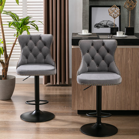 Swivel Velvet Barstools Adjustable Seat Height from 25-33'', Gray, Set of 2