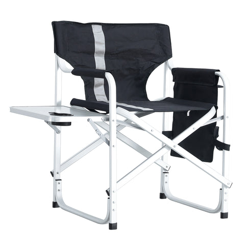 Padded Folding Outdoor Chair with Side Table and Storage Pockets, Black & Gray, Set of 2