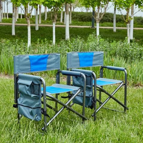 Lightweight Oversized Folding Outdoor Chair with Side Storage Pockets, Blue&Gray, Set of 2