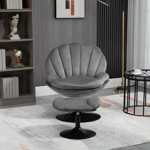 Adjustable Height Shell-Shaped Swivel Leisure Chair with Ottoman, Gray