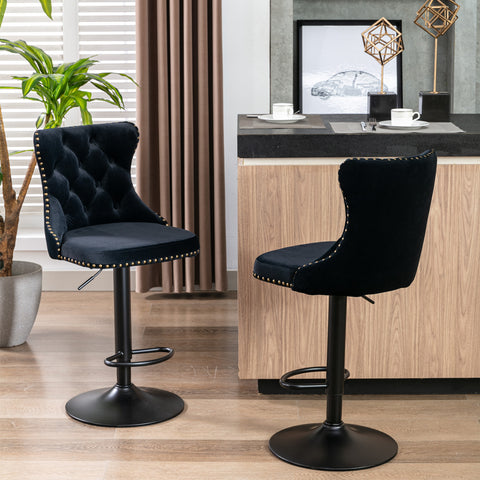 Swivel Velvet Barstools Adjustable Seat Height from 25-33'', Black, Set of 2