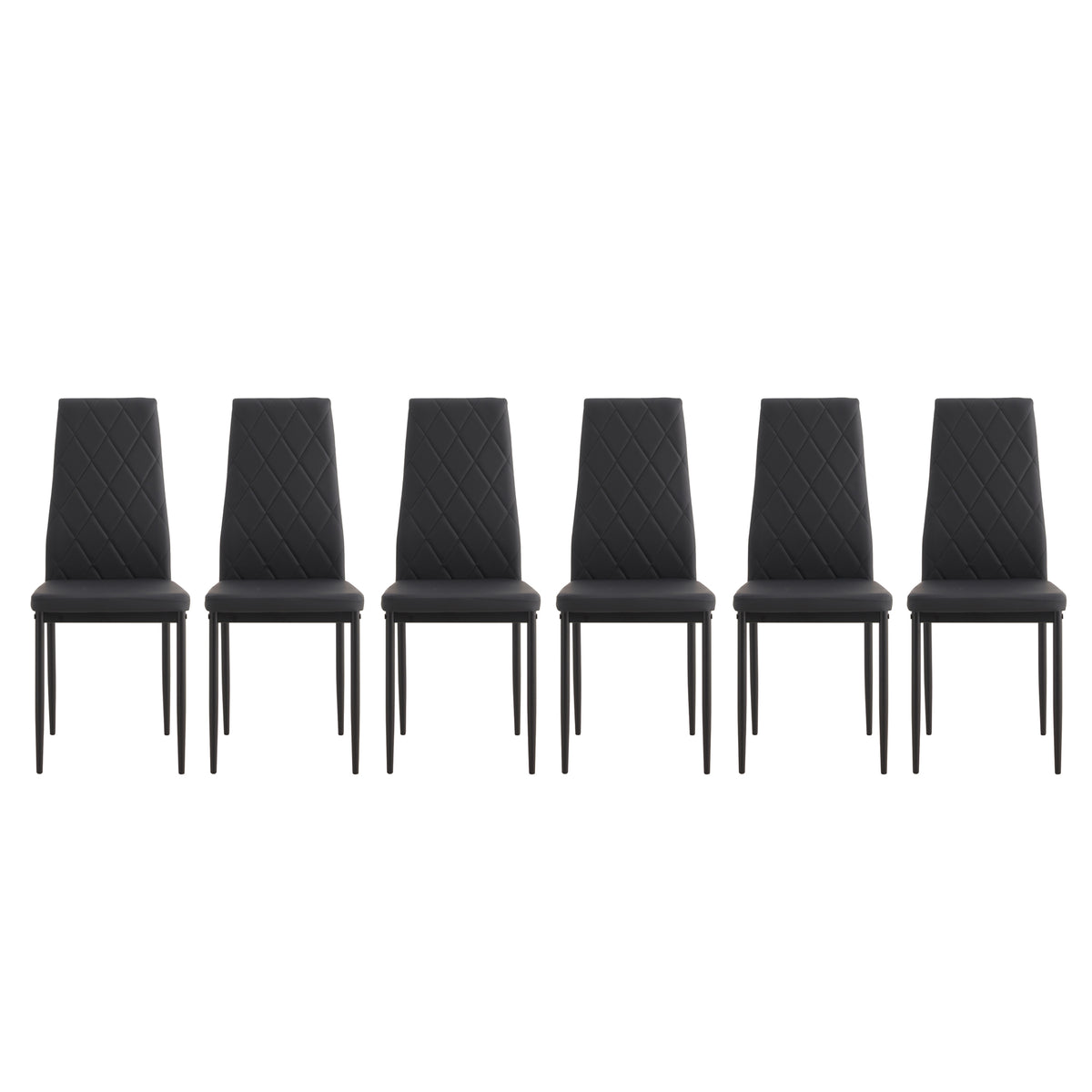 Diamond Shaped PU Leather Twill Backrest Armless Dining Chair with Metal Legs, Black, Set of 6