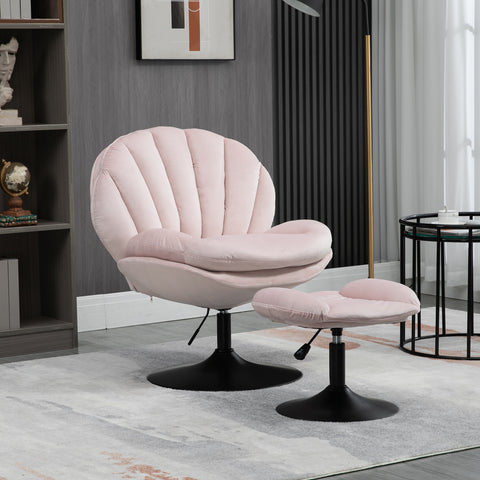 Adjustable Height Shell-Shaped Swivel Leisure Chair with Ottoman, Pink