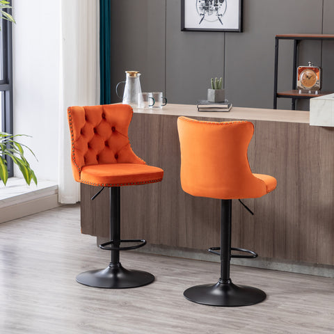 Swivel Velvet Barstools Adjustable Seat Height from 25-33'', Orange, Set of 2