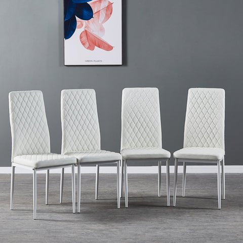 Minimalist PU Leather Sprayed Diamond Grid Pattern Dining Chair, White, Set of 6