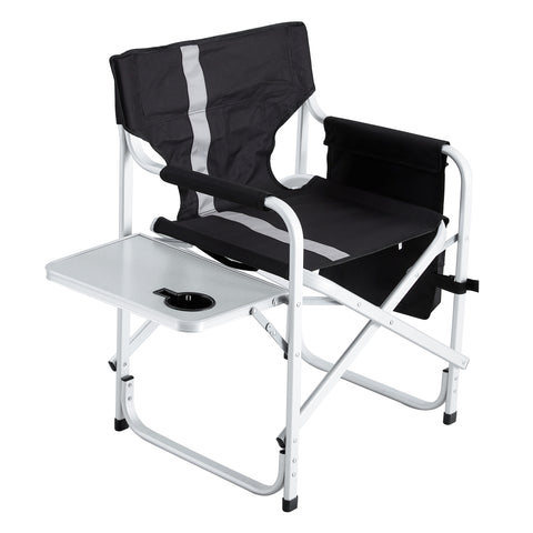 Padded Folding Outdoor Chair with Side Table and Storage Pockets, Black & Grey