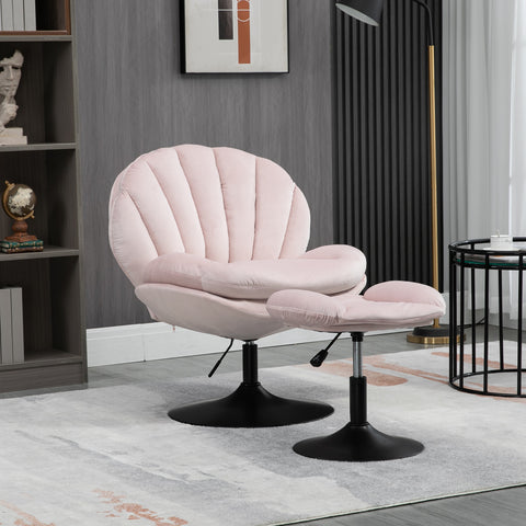 Adjustable Height Shell-Shaped Swivel Leisure Chair with Ottoman, Pink