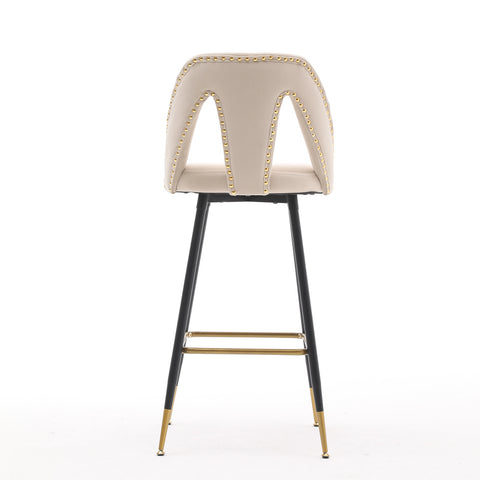 Velvet Upholstered 28" Bar Stool with Hollow Small Backrest, Beige, Set of 2