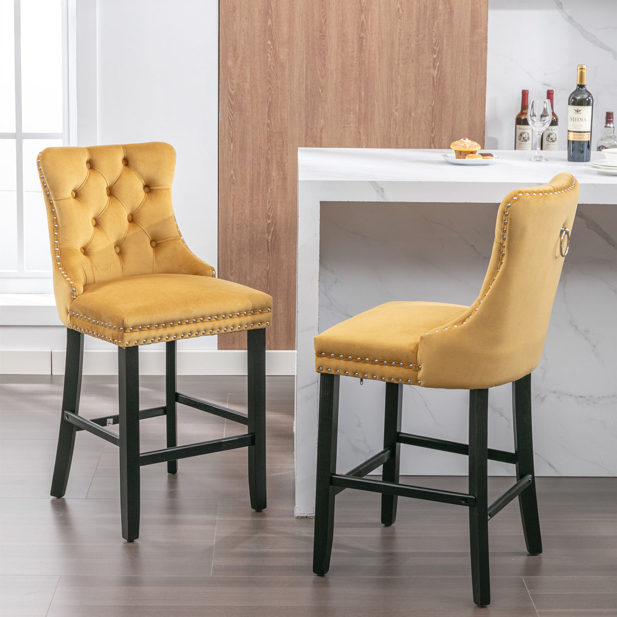 Leisure Style Velvet Upholstered Bar Stools, Gold, Set of 2