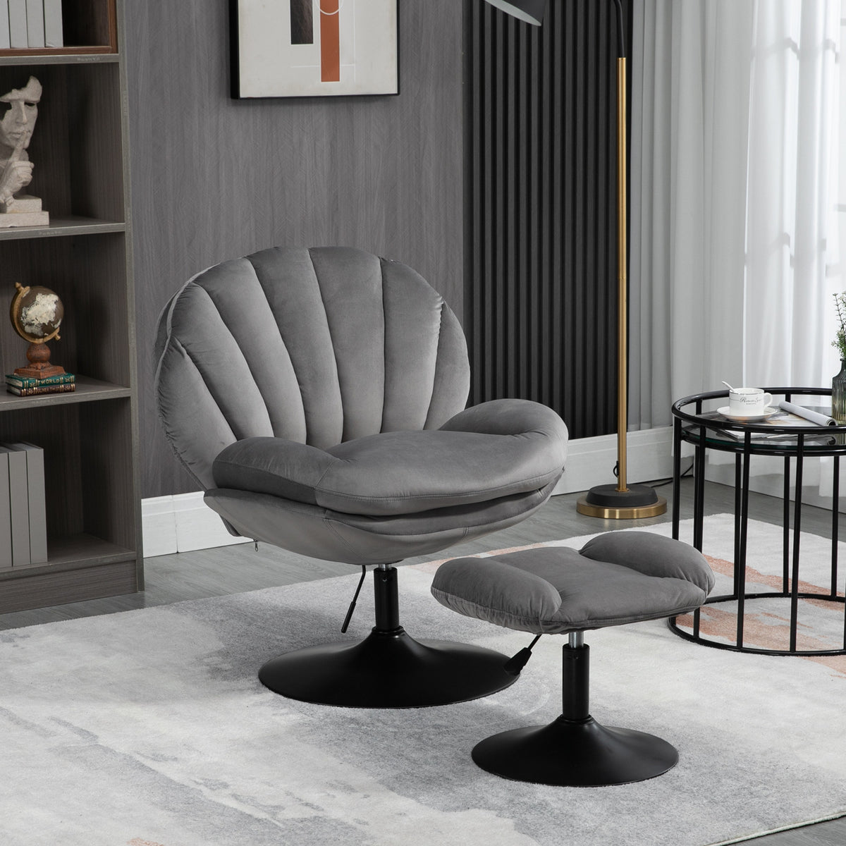 Adjustable Height Shell-Shaped Swivel Leisure Chair with Ottoman, Gray