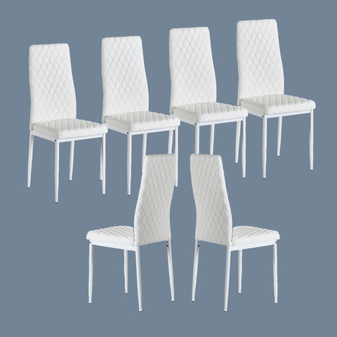 Minimalist PU Leather Sprayed Diamond Grid Pattern Dining Chair, White, Set of 6