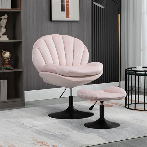 Adjustable Height Shell-Shaped Swivel Leisure Chair with Ottoman, Pink