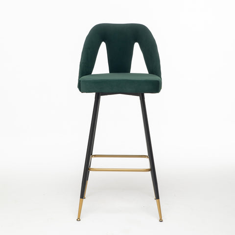 Velvet Upholstered 28" Bar Stool with Hollow Small Backrest, Green, Set of 2