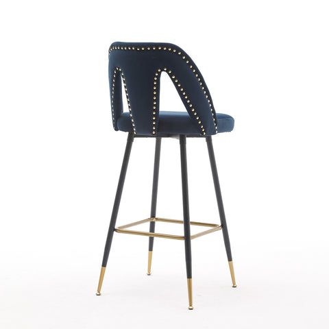 Velvet Upholstered 28" Bar Stool with Hollow Small Backrest, Blue, Set of 2