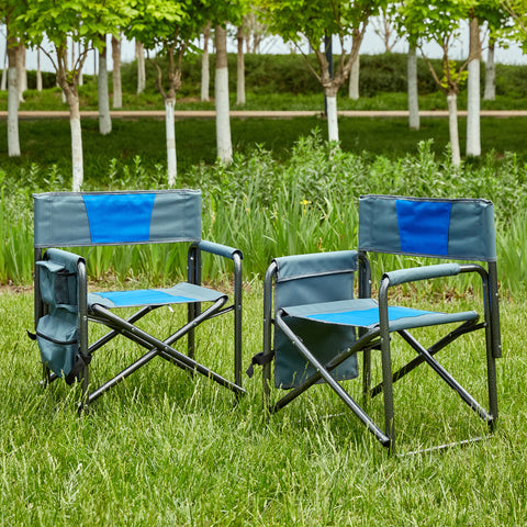 Lightweight Oversized Folding Outdoor Chair with Side Storage Pockets, Blue&Gray, Set of 2