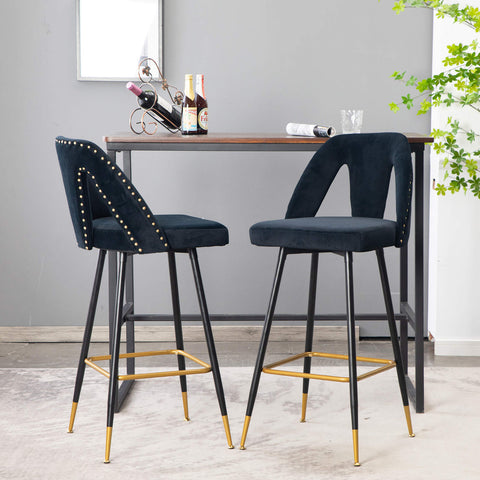 Velvet Upholstered 28" Bar Stool with Hollow Small Backrest, Black, Set of 2