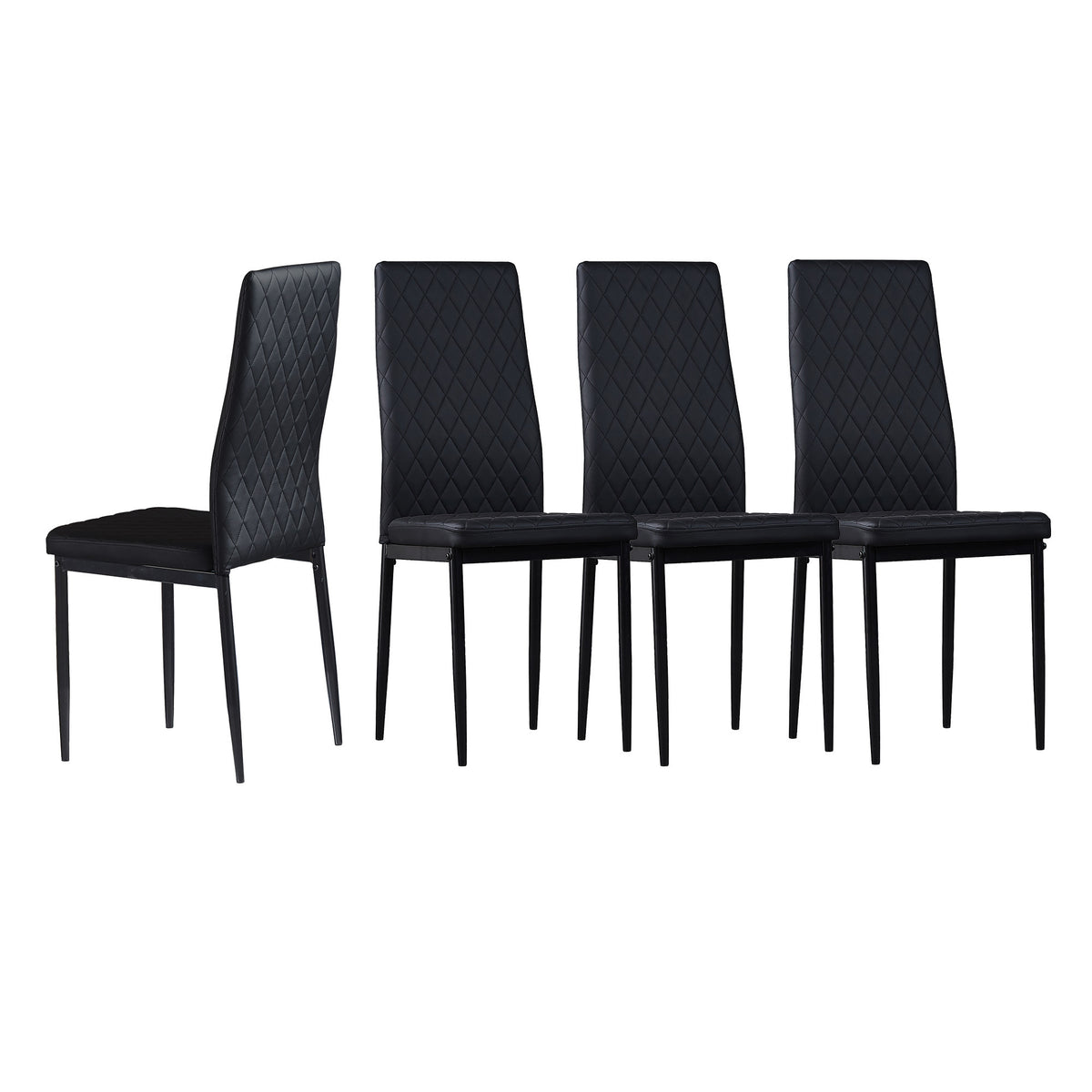 Minimalist PU Leather Sprayed Diamond Grid Pattern Dining Chair, Black, Set of 4