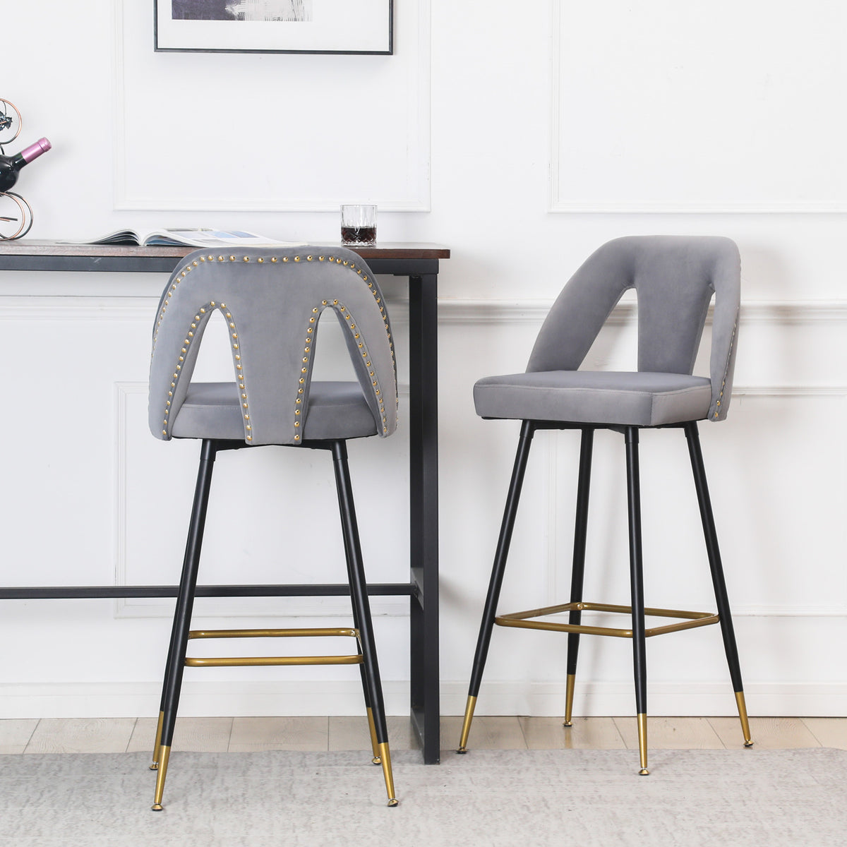 Velvet Upholstered 28" Bar Stool with Hollow Small Backrest, Gray, Set of 2