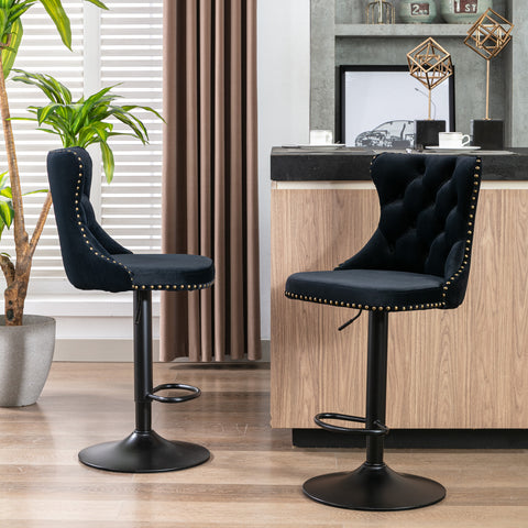 Swivel Velvet Barstools Adjustable Seat Height from 25-33'', Black, Set of 2