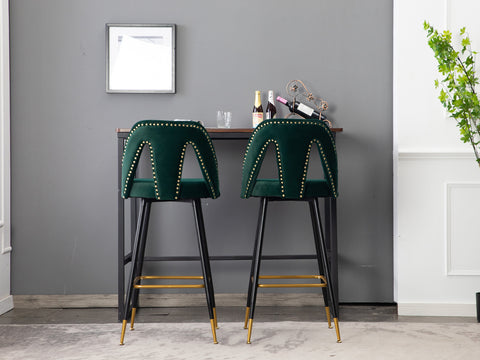 Velvet Upholstered 28" Bar Stool with Hollow Small Backrest, Green, Set of 2