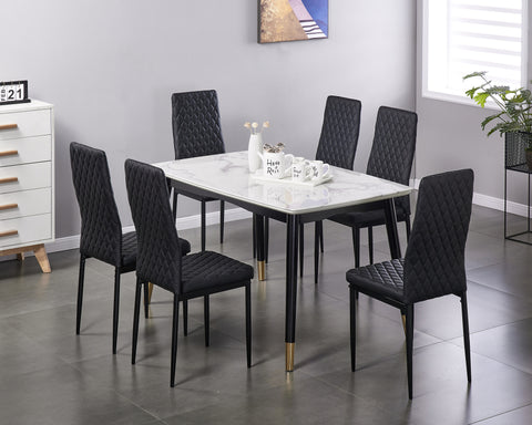 Minimalist PU Leather Sprayed Diamond Grid Pattern Dining Chair, Black, Set of 6