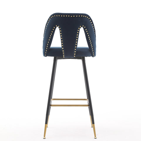 Velvet Upholstered 28" Bar Stool with Hollow Small Backrest, Blue, Set of 2