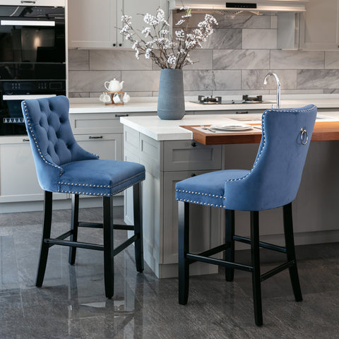 Leisure Style Velvet Upholstered Bar Stools, Blue, Set of 2