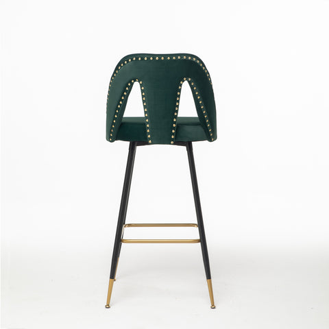 Velvet Upholstered 28" Bar Stool with Hollow Small Backrest, Green, Set of 2