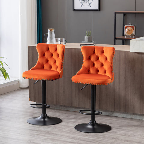 Swivel Velvet Barstools Adjustable Seat Height from 25-33'', Orange, Set of 2