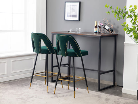 Velvet Upholstered 28" Bar Stool with Hollow Small Backrest, Green, Set of 2