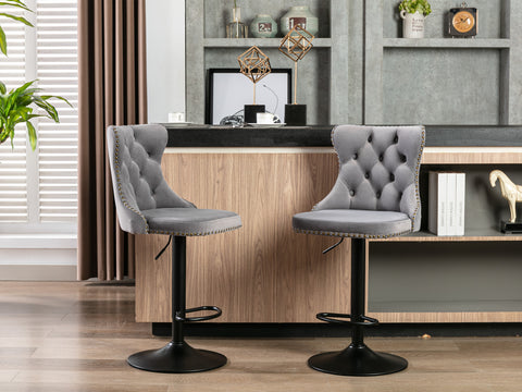 Swivel Velvet Barstools Adjustable Seat Height from 25-33'', Gray, Set of 2