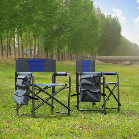 Lightweight Oversized Folding Outdoor Chair with Side Storage Pockets, Blue&Gray, Set of 2