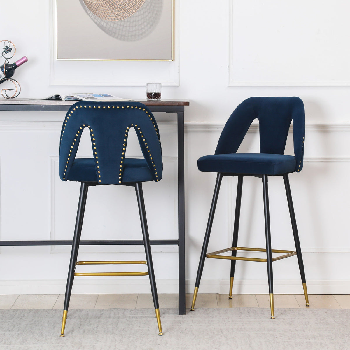 Velvet Upholstered 28" Bar Stool with Hollow Small Backrest, Blue, Set of 2