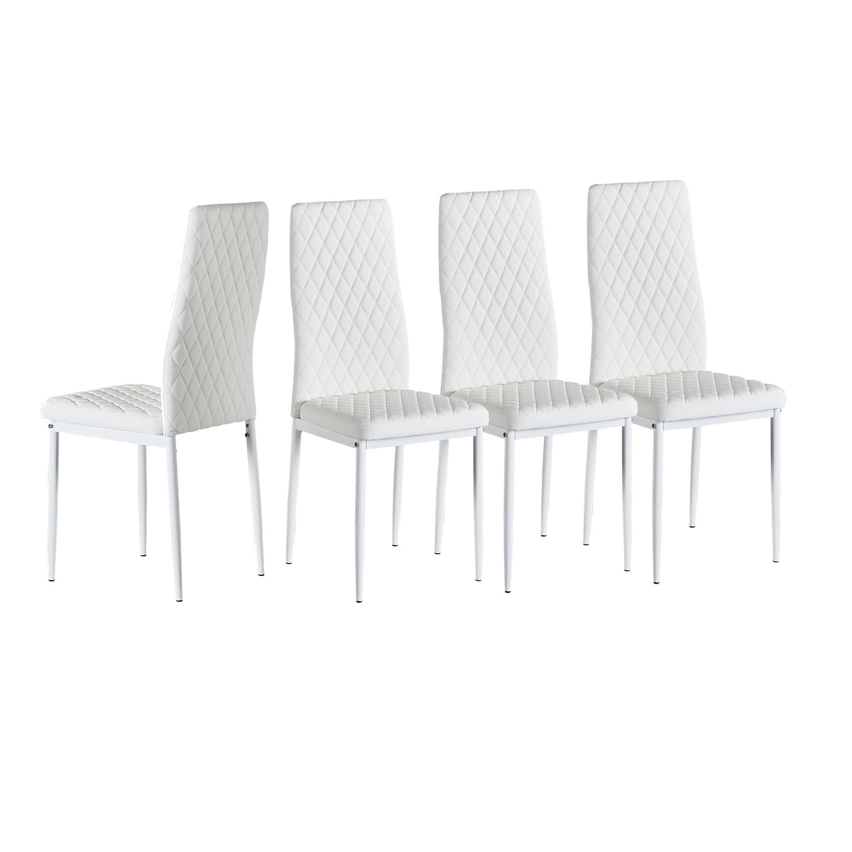 Minimalist PU Leather Sprayed Diamond Grid Pattern Dining Chair, White, Set of 4