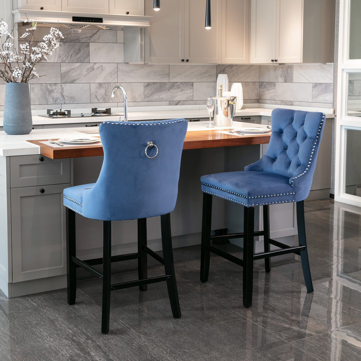 Leisure Style Velvet Upholstered Bar Stools, Blue, Set of 2