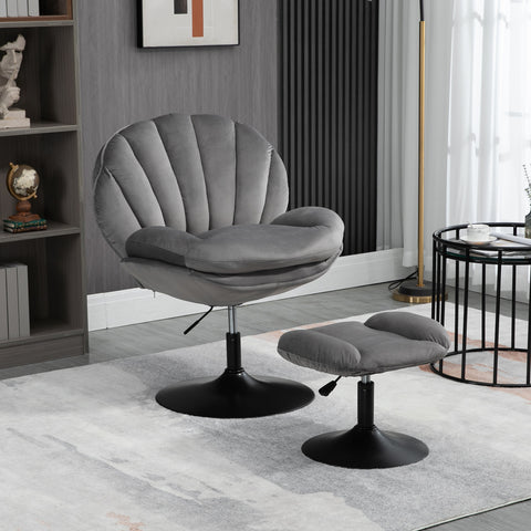 Adjustable Height Shell-Shaped Swivel Leisure Chair with Ottoman, Gray