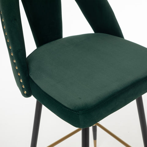 Velvet Upholstered 28" Bar Stool with Hollow Small Backrest, Green, Set of 2