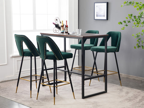 Velvet Upholstered 28" Bar Stool with Hollow Small Backrest, Green, Set of 2