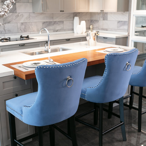 Leisure Style Velvet Upholstered Bar Stools, Blue, Set of 2