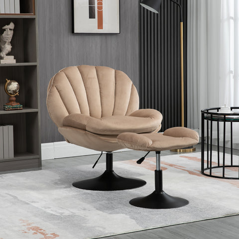 Adjustable Height Shell-Shaped Swivel Leisure Chair with Ottoman, Khaki