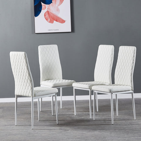 Minimalist PU Leather Sprayed Diamond Grid Pattern Dining Chair, White, Set of 6