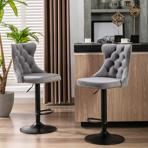 Swivel Velvet Barstools Adjustable Seat Height from 25-33'', Gray, Set of 2