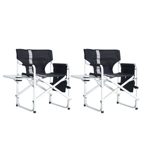 Padded Folding Outdoor Chair with Side Table and Storage Pockets, Black & Gray, Set of 2