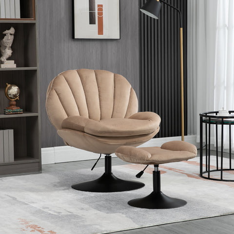 Adjustable Height Shell-Shaped Swivel Leisure Chair with Ottoman, Khaki